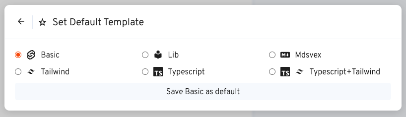 Set Default Template Command running, showing possible options